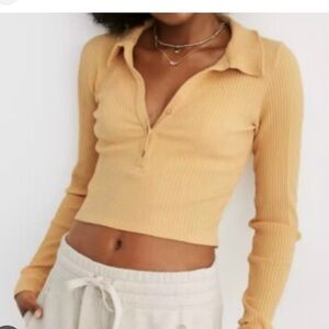 NWOT Aerie Yellow Ribbed Long-Sleeved Collared Button-Down Lounge Top - small